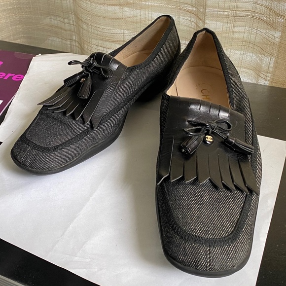 Chanel loafers denim canvas loafers moccasin sz 8 vintage leather tassel slip on - Picture 1 of 8